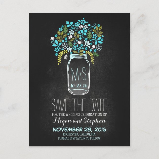 Chalkboard save the date - Floral Mason Jar Announcement Postcard (Front)