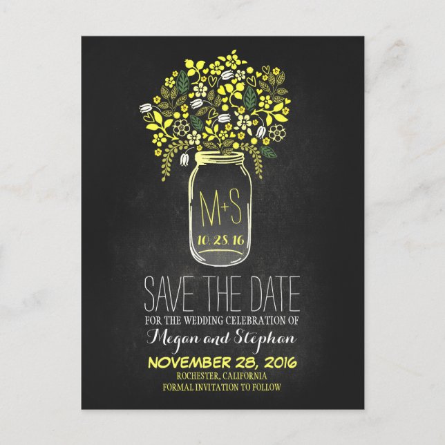 Chalkboard save the date - Floral Mason Jar Announcement Postcard (Front)