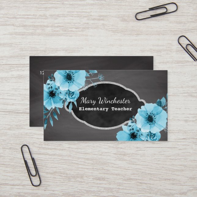 Chalkboard School Teacher | Tutor Education Floral Business Card (Front/Back In Situ)