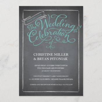 Chalkboard Script Blue Wedding Invitation by envelopmentswedding at Zazzle