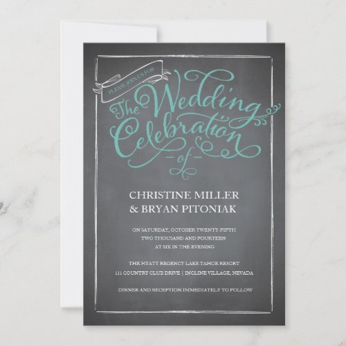 Chalkboard Script Blue Wedding Invitation