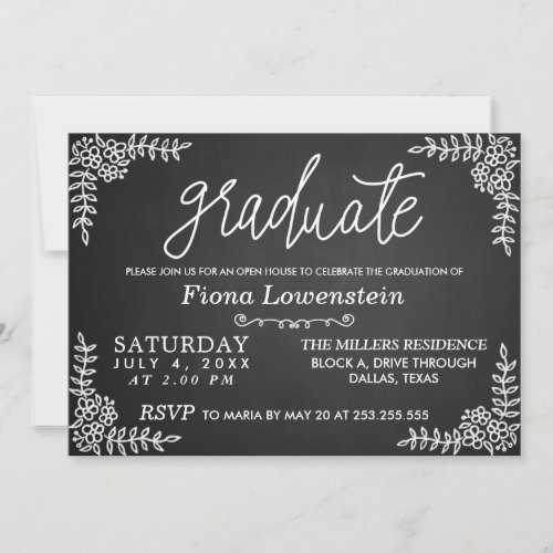 Chalkboard Script  Floral  Open House Graduation Invitation