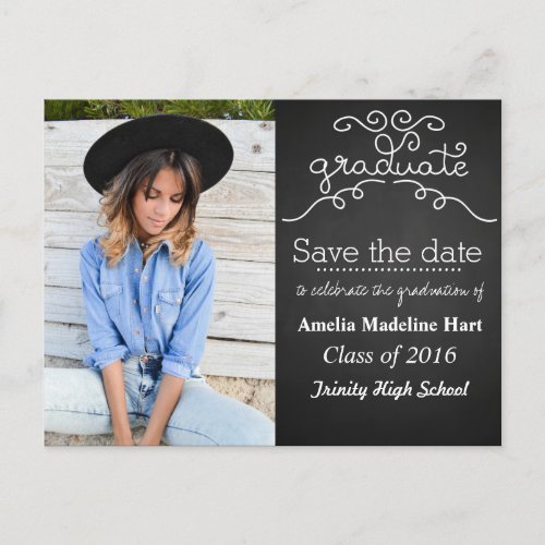 Chalkboard Script Graduate  Save The Date Photo Postcard