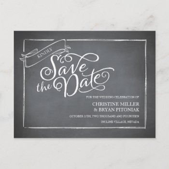 Chalkboard Script White Save The Date Announcement Postcard by envelopmentswedding at Zazzle