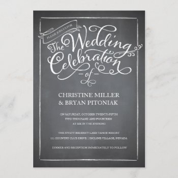 Chalkboard Script White Wedding Invitation by envelopmentswedding at Zazzle