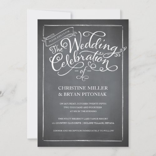 Chalkboard Script White Wedding Invitation