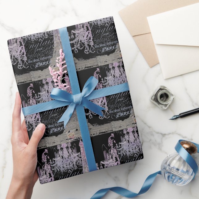 chalkboard scripts chandelier paris eiffel tower wrapping paper (Gifting)