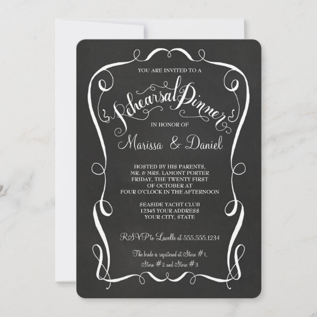 Chalkboard Scroll Rehearsal Dinner Calligraphy Invitation (Front)