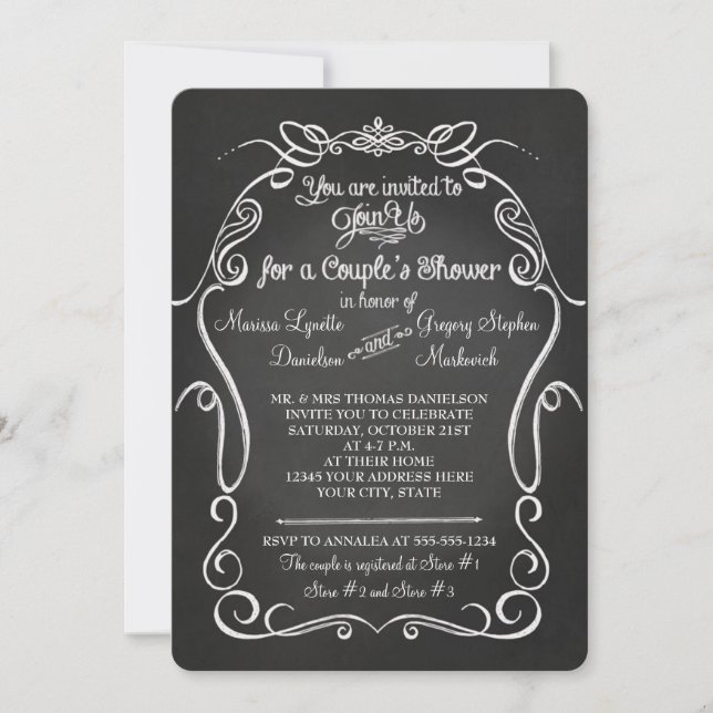 Chalkboard Scroll Typography n Calligraphy Couples Invitation (Front)