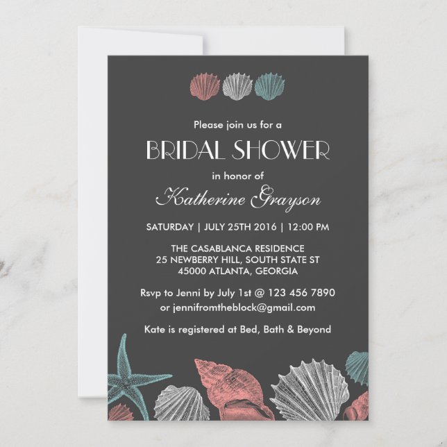 Chalkboard Seashells Invitation for Beach Wedding (Front)