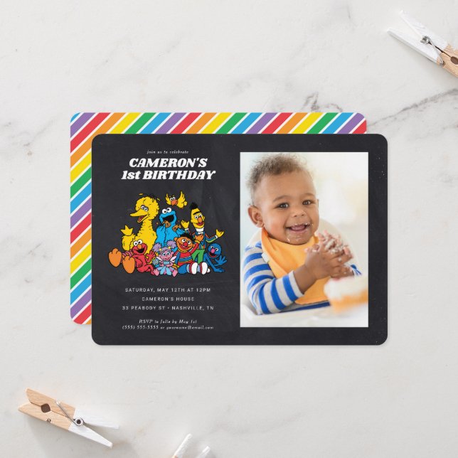 Chalkboard Sesame Street 1st Birthday with Photo  Invitation