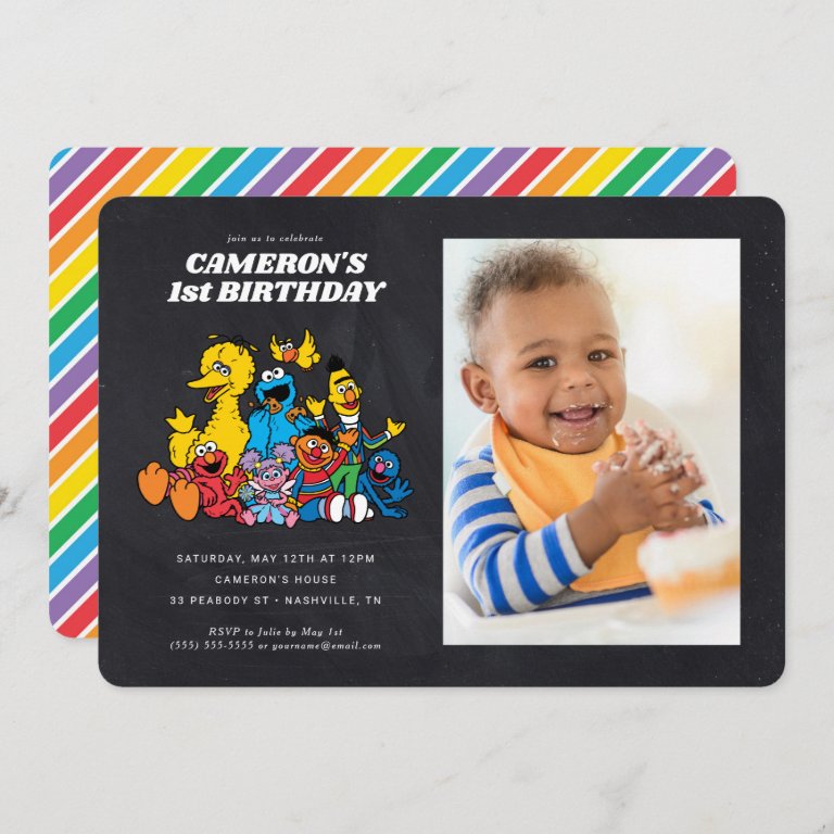 Chalkboard Sesame Street 1st Birthday with Photo Invitation