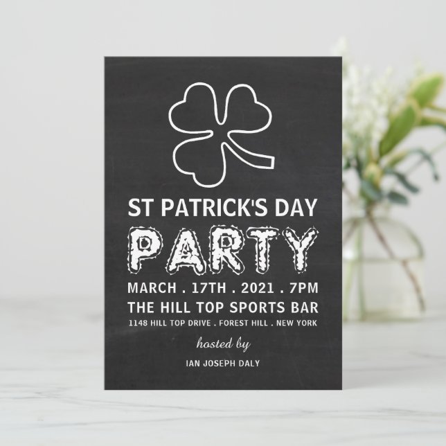 Chalkboard Shamrock, St Patrick's Day Party Invitation (Standing Front)