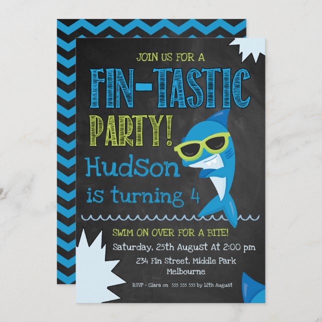 chalkboard Shark Birthday invitation (Front/Back)