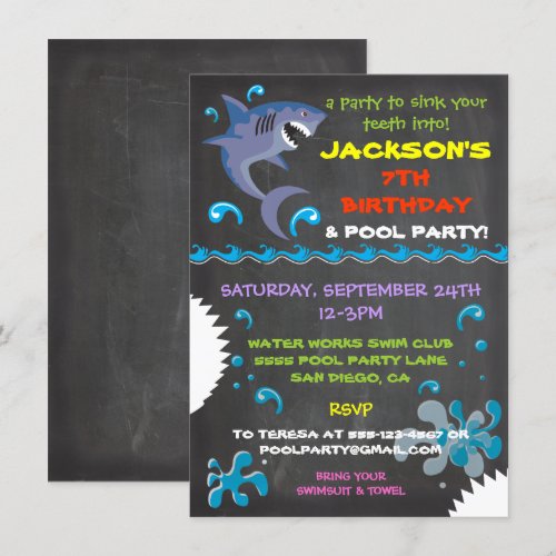 Chalkboard Shark Pool Birthday Party Invitations Announcement