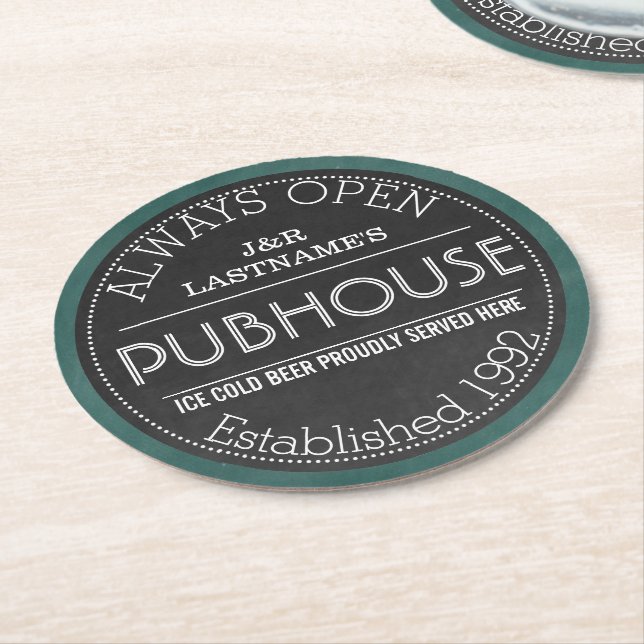 Chalkboard Sign Personalized Couple Pubhouse Round Paper Coaster (Angled)