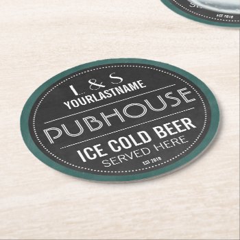 Chalkboard Sign Personalized Couple Pubhouse Round Paper Coaster by PartyHearty at Zazzle