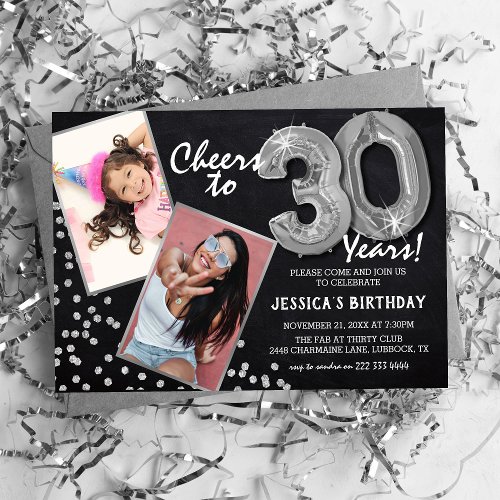 Chalkboard Silver Balloons 2 Photo 30th Birthday Invitation