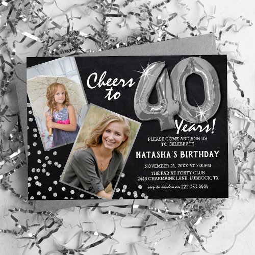 Chalkboard Silver Balloons 2 Photo 40th Birthday  Invitation