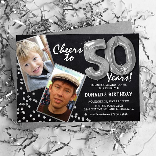 Chalkboard Silver Balloons 2 Photo 50th Birthday Invitation
