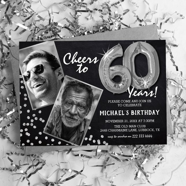 Chalkboard Silver Balloons 2 Photo 60th Birthday Invitation (Creator Uploaded)