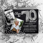 Chalkboard Silver Balloons 2 Photo 70th Birthday Invitation<br><div class="desc">Celebrate the milestone of stepping into the magnificent 70s with these unique 'Chalkboard Silver Balloons 70th Birthday Invitations'. Enriched with a rustic chalkboard background and shimmering faux silver glitter flecks, these invites exude vintage charm and modern elegance. Upload a then-and-now photo of the birthday star and customize the easy-to-use template...</div>
