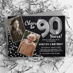 Chalkboard Silver Balloons 2 Photo 90th Birthday Invitation<br><div class="desc">Celebrate the milestone of stepping into the magnificant 90s with these unique 'Chalkboard Silver Balloons 90th Birthday Invitations'. Enriched with a rustic chalkboard background and shimmering faux silver glitter flecks, these invites exude vintage charm and modern elegance. Upload a then-and-now photo of the birthday star and customize the easy-to-use template...</div>
