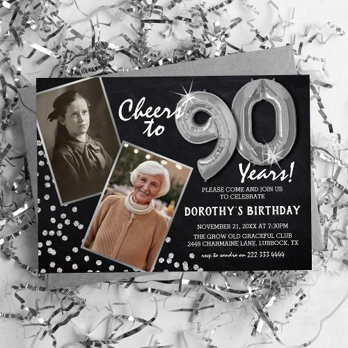 Chalkboard Silver Balloons 2 Photo 90th Birthday Invitation