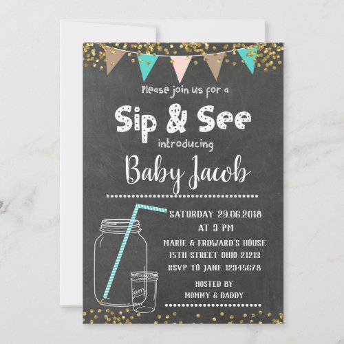 Chalkboard Sip and see baby shower invitation
