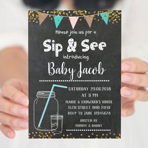 Chalkboard Sip and see baby shower invitation