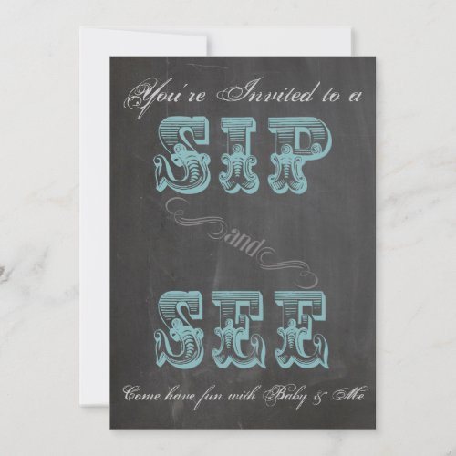 Chalkboard Sip and See Blue Baby Shower Invite