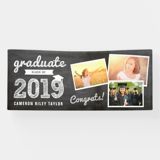 Chalkboard Sketch 2019 Three Photo Collage Grad Banner Zazzle Com