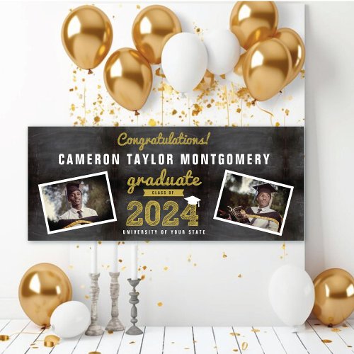 Chalkboard Sketch 2024 Two Photo Graduation Party Banner