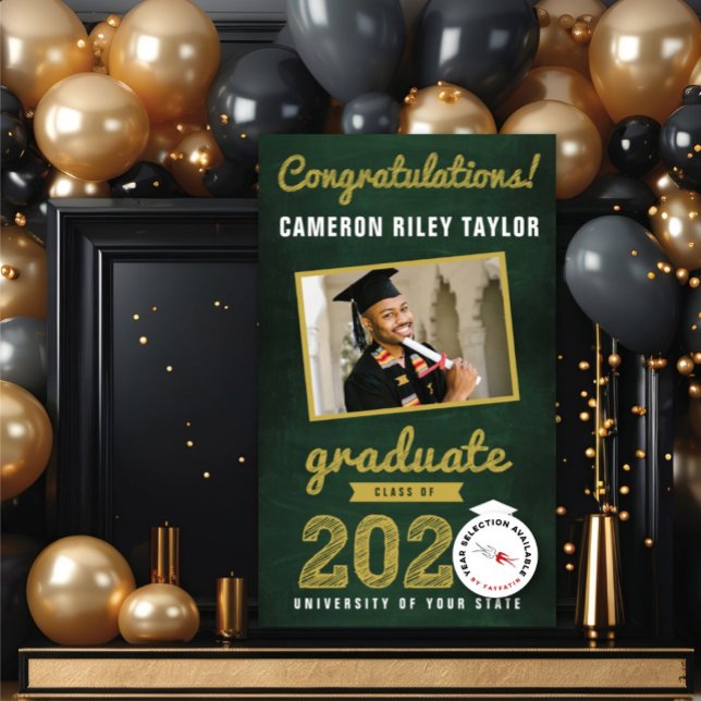 Chalkboard Sketch 2025 Photo Graduation Party Banner (20YY Gold Sketch Chalkboard One Photo Modern Graduation Party Banner @ www.zazzle.com/color_therapy)