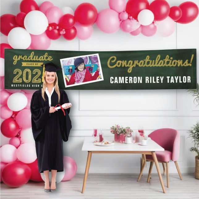 Chalkboard Sketch 2025 Photo Modern Graduation Banner (2024 Green Chalkboard & White Sketch 1 Photo Graduation Party Banner @ www.zazzle.com/color_therapy)