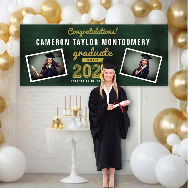 Chalkboard Sketch 2025 Two Photo Graduation Party Banner (2024 Green Chalkboard & Gold Sketch 3 Photo, Graduation Party Banner @ www.zazzle.com/color_therapy)