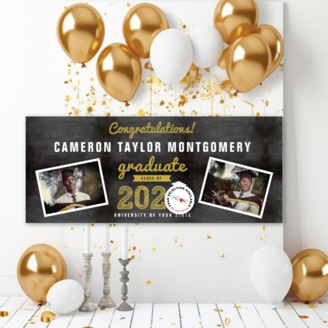 Chalkboard Sketch 2025 Two Photo Graduation Party Banner (20YY Black Chalkboard & Gold Sketch 2 Photo Graduation Party Banner @ www.zazzle.com/color_therapy)