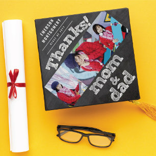 Chalkboard Sketch Thanks Mom & Dad Modern 3 Photo Graduation Cap Topper