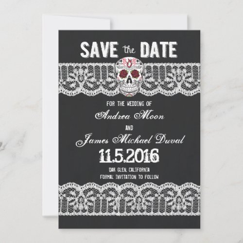 Chalkboard Skull  Lace 5 x 7 Save the Date card