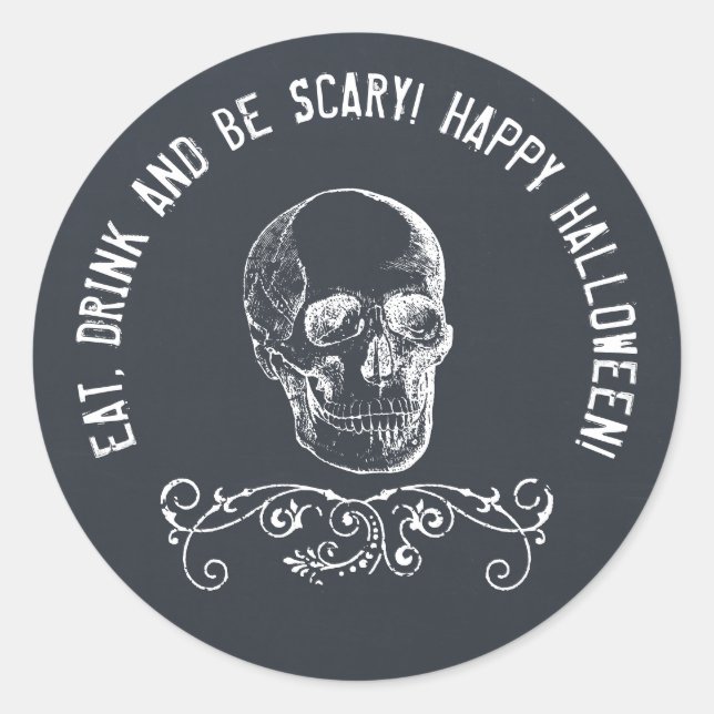 Chalkboard Skull Personalized Halloween Party Classic Round Sticker (Front)