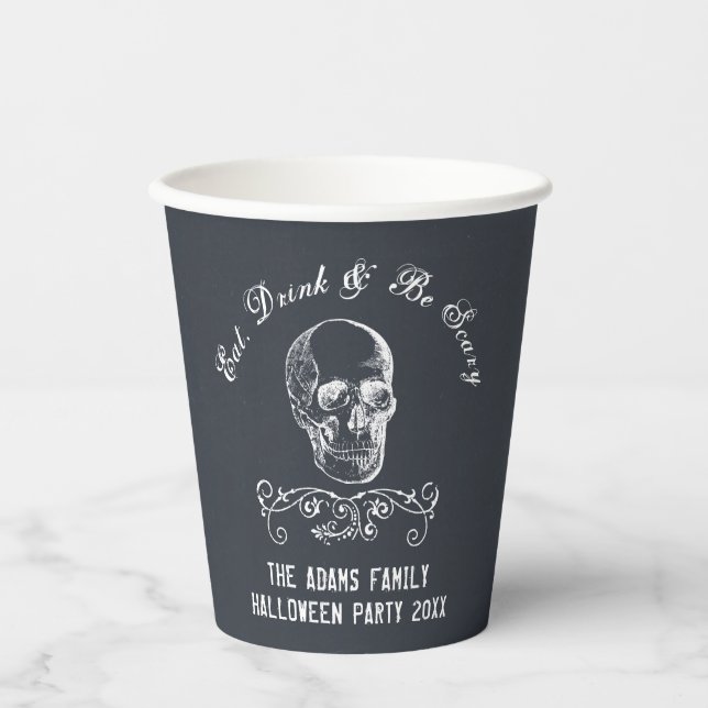 Chalkboard Skull Personalized Halloween Party Paper Cups (Front)