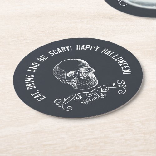 Chalkboard Skull Personalized Halloween Party Round Paper Coaster