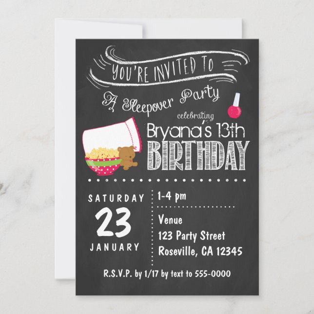 Chalkboard Sleepover Birthday Party Invitations (Front)