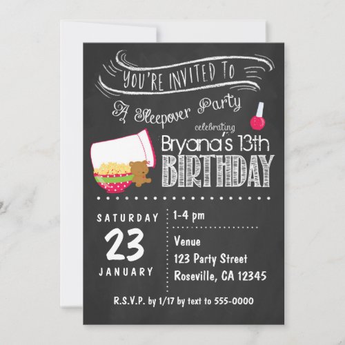 Chalkboard Sleepover Birthday Party Invitations