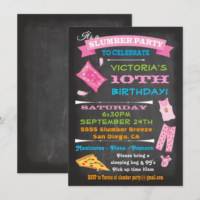 Chalkboard Sleepover Slumber Party Spa Birthday Invitation (Front/Back)