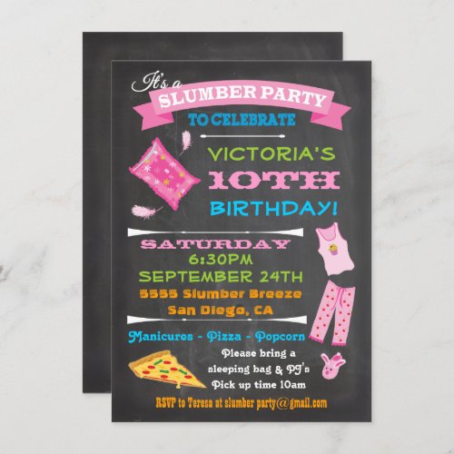 Chalkboard Sleepover Slumber Party Spa Birthday Invitation