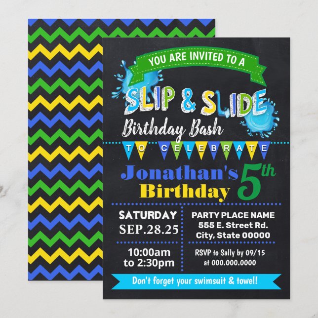 Chalkboard Slip and slide birthday bash blue party Invitation (Front/Back)