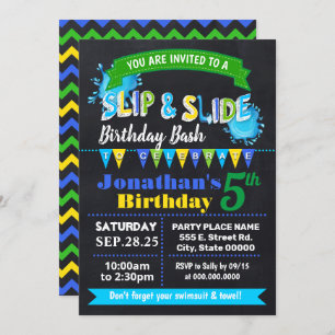 Chalkboard Slip and slide birthday bash blue party Invitation