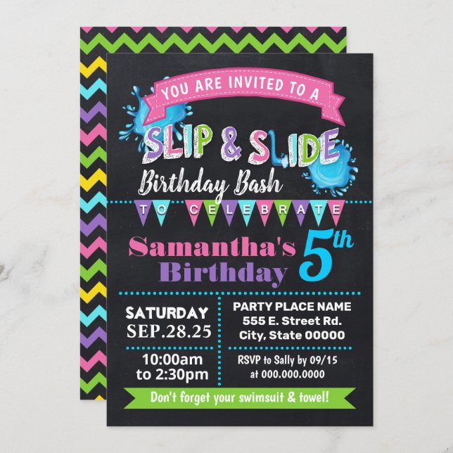 Chalkboard Slip and slide birthday bash pink party Invitation (Front/Back)