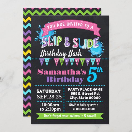 Chalkboard Slip and slide birthday bash pink party Invitation